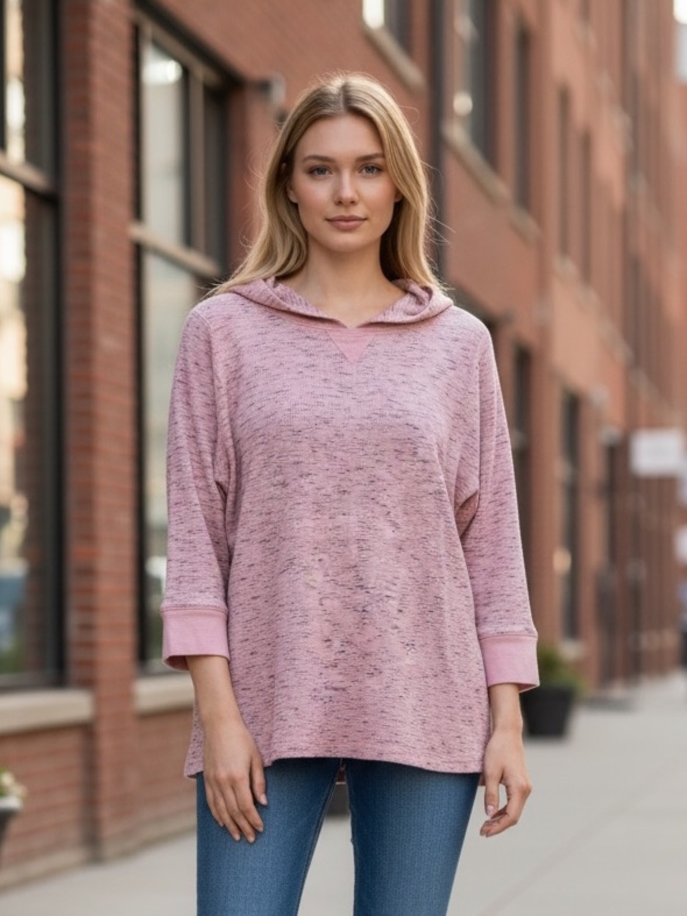 Woman Within Hoodie XL Soft Pink Hooded Knit Sweater Waffle Texture